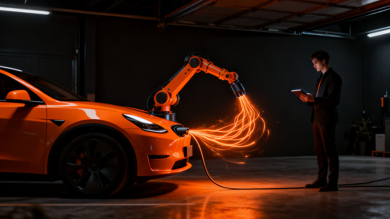 Brazo robótico de Xiaomi cargando un vehículo eléctrico en un garaje inteligente, representando la automatización en el hogar.