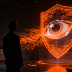 Emprendedor interactuando con tecnología de lentes de contacto inteligentes con IA, simbolizando el futuro de los wearables y la privacidad de datos biométricos.