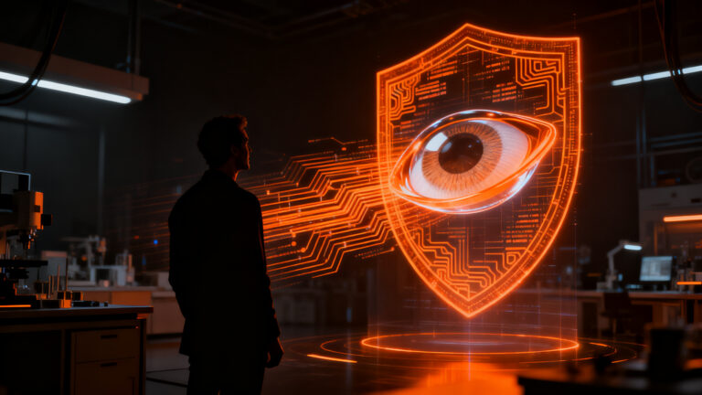 Emprendedor interactuando con tecnología de lentes de contacto inteligentes con IA, simbolizando el futuro de los wearables y la privacidad de datos biométricos.