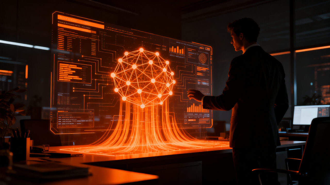 Líder de equipo trabajando en una interfaz de IA empresarial avanzada con Zaro, representando la nueva era de la inteligencia artificial corporativa en 2026.