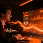 Usuario interactuando con recomendaciones de restaurantes impulsadas por IA, integrando datos transaccionales y tecnología financiera.