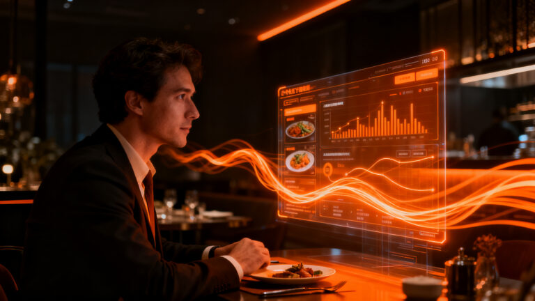 Usuario interactuando con recomendaciones de restaurantes impulsadas por IA, integrando datos transaccionales y tecnología financiera.