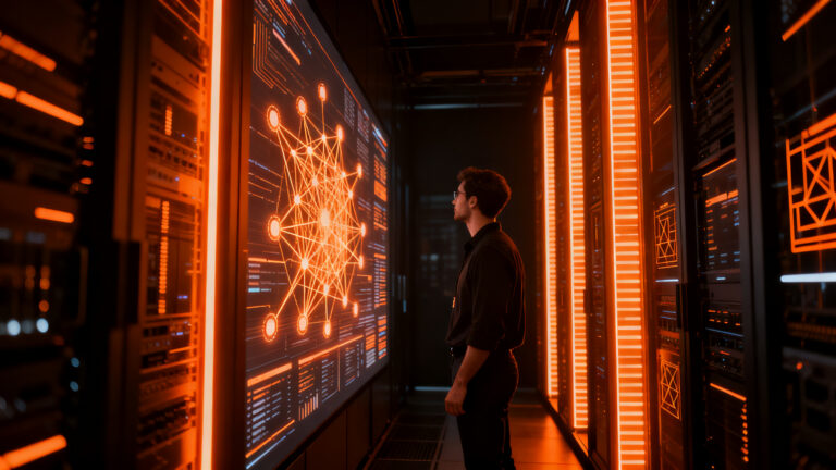 Desarrollador analizando arquitectura de IA de Zhipu GLM-5.2 en un entorno tecnológico naranja y negro.