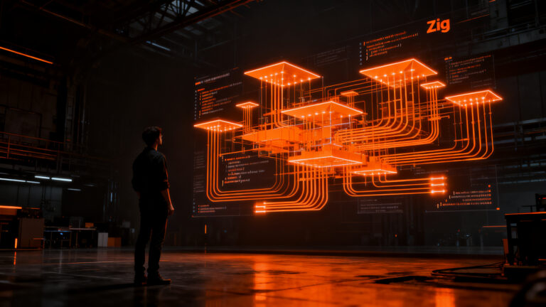 Arquitecto de software analizando estructuras de código Zig Zen en un entorno futurista de alto rendimiento para startups tech.