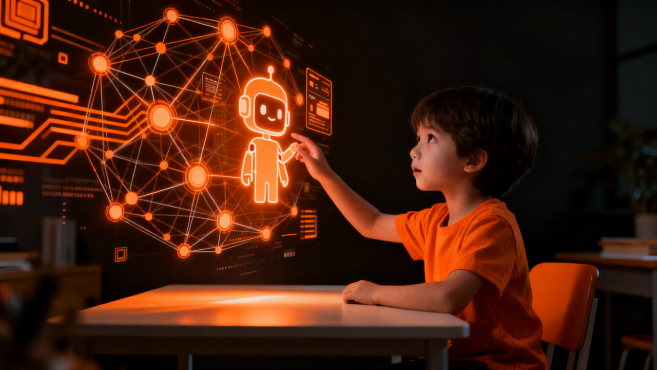 Niño interactuando con una interfaz de IA, representando el antropomorfismo de chatbots en la educación del futuro.