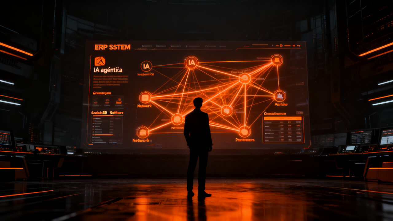 Emprendedor analizando un ecosistema de software empresarial con IA agéntica y un modelo de partners en crecimiento.