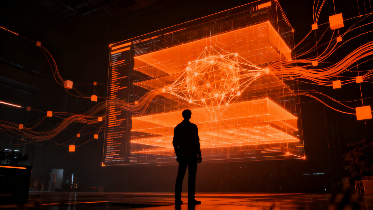 Desarrollador analizando la arquitectura de red neuronal del modelo de IA Qwen 3.8 de Alibaba, representando el futuro de los modelos abiertos.
