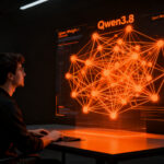 Desarrollador analizando la arquitectura del nuevo modelo de IA Qwen3.8 de Alibaba en un entorno tecnológico futurista.