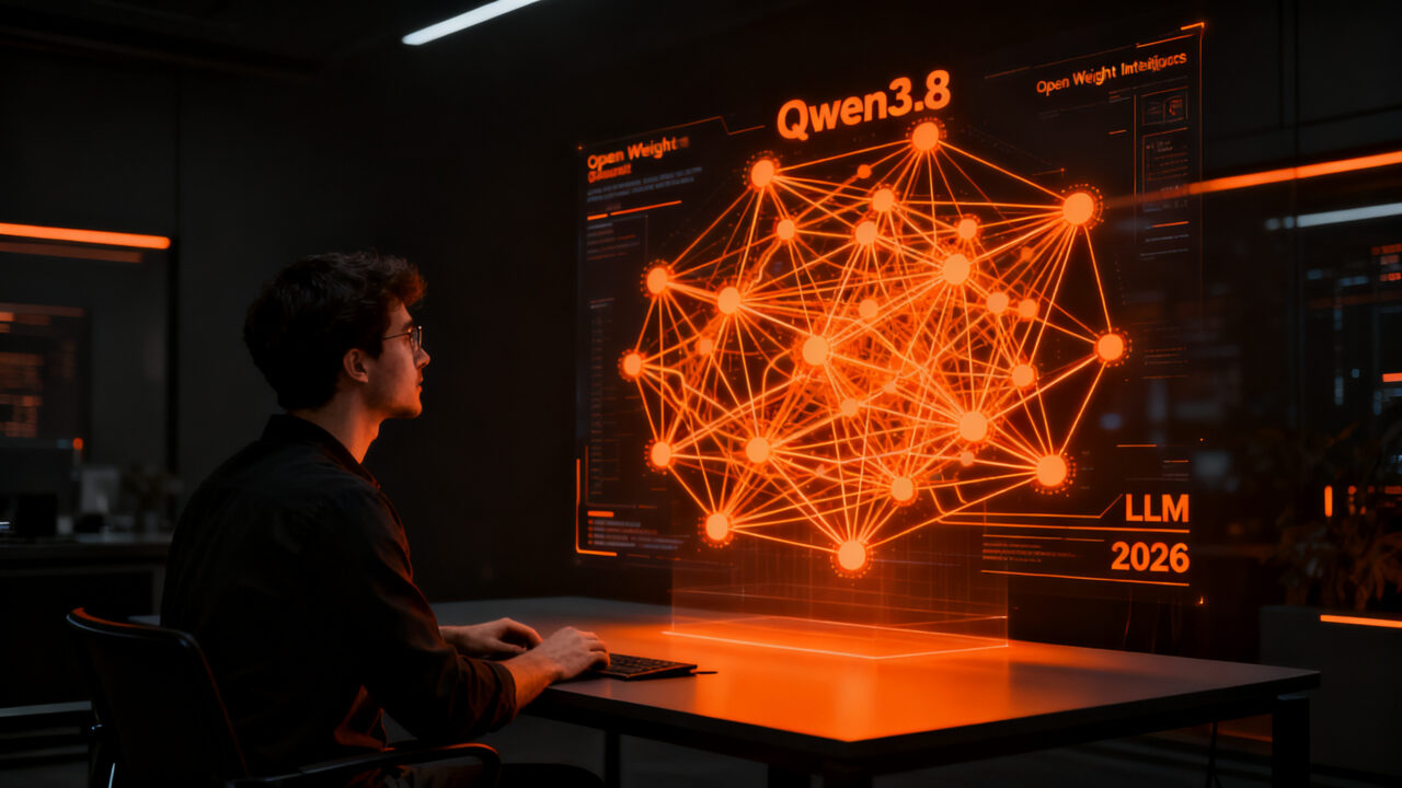 Desarrollador analizando la arquitectura del nuevo modelo de IA Qwen3.8 de Alibaba en un entorno tecnológico futurista.