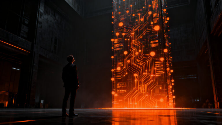 Un desarrollador analizando un complejo ecosistema de redes neuronales de inteligencia artificial, simbolizando el desafío de evaluar modelos LLM sin benchmarks claros.