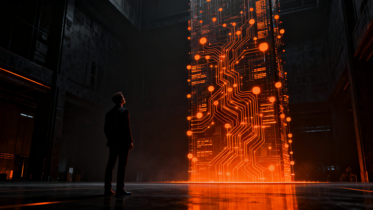Un desarrollador analizando un complejo ecosistema de redes neuronales de inteligencia artificial, simbolizando el desafío de evaluar modelos LLM sin benchmarks claros.