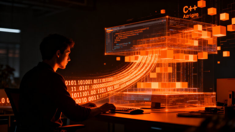Ingeniero de software optimizando una infraestructura de código compleja usando Zig y C++, representando la eficiencia en DevOps para startups.