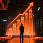 Founder de startup analizando gráficos de inversión en infraestructura de IA y cash burn en un entorno corporativo oscuro.