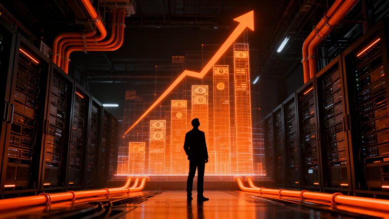 Founder de startup analizando gráficos de inversión en infraestructura de IA y cash burn en un entorno corporativo oscuro.