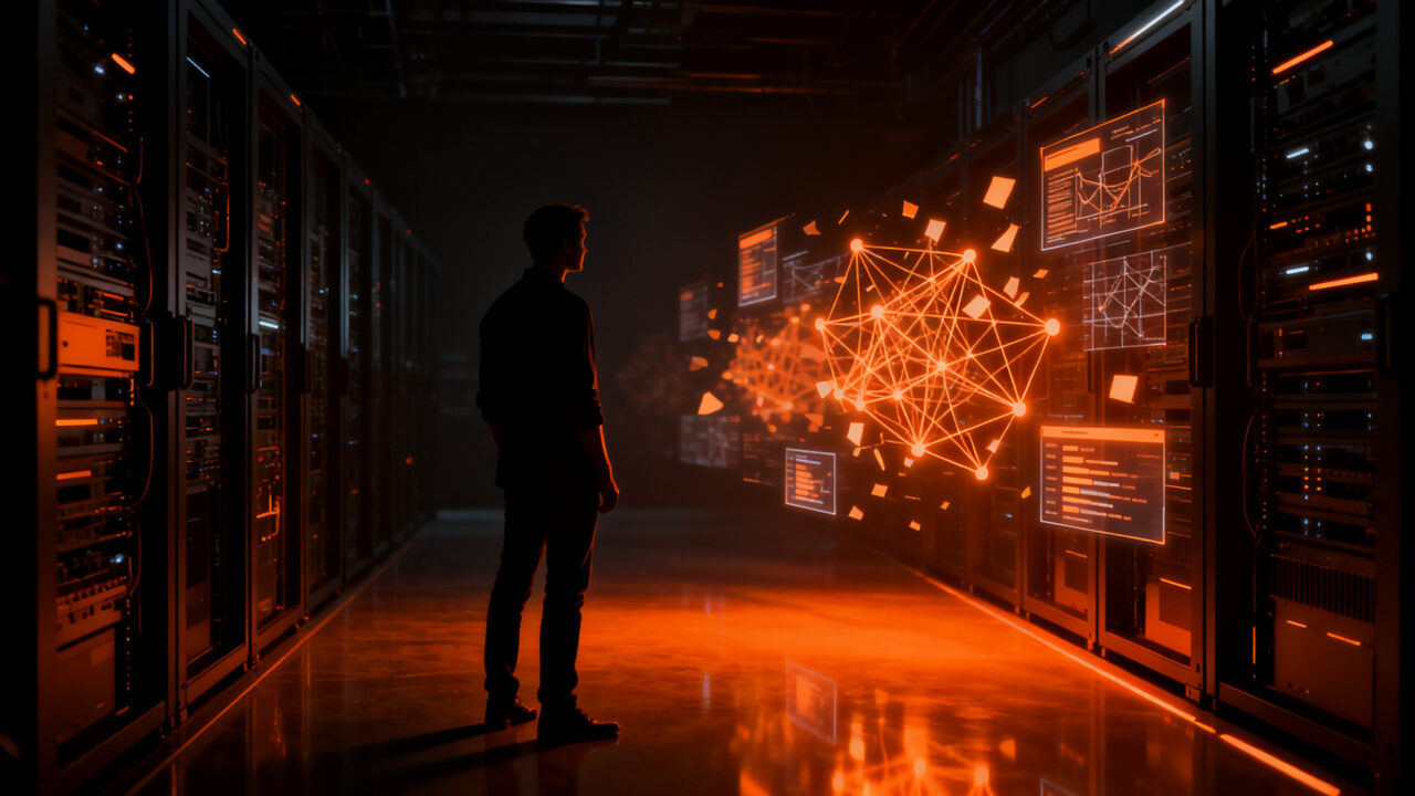Estratega tecnológico analizando datos de IA en un entorno corporativo, representando la reestructuración de laboratorios de inteligencia artificial.