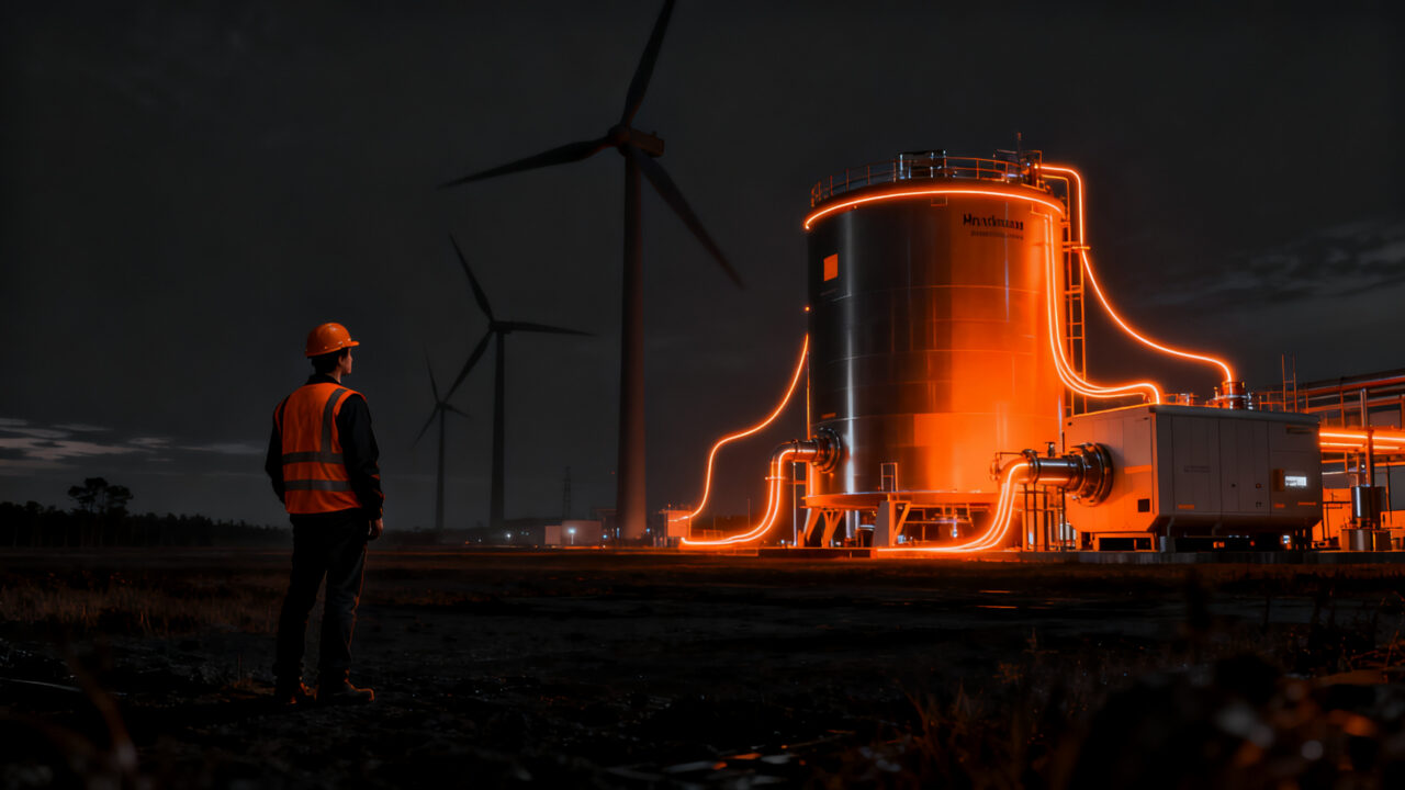 Producción de amoníaco verde mediante energía eólica en una planta piloto, representando la innovación en fertilizantes sostenibles y cleantech.