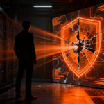 Un experto en ciberseguridad observa una brecha digital en un entorno de red, representando los riesgos de seguridad de la IA de Anthropic Claude.