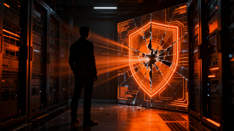 Un experto en ciberseguridad observa una brecha digital en un entorno de red, representando los riesgos de seguridad de la IA de Anthropic Claude.