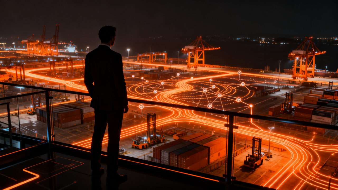 Estratega logístico analizando datos de trazabilidad y puertos inteligentes mediante inteligencia artificial para startups en 2030.