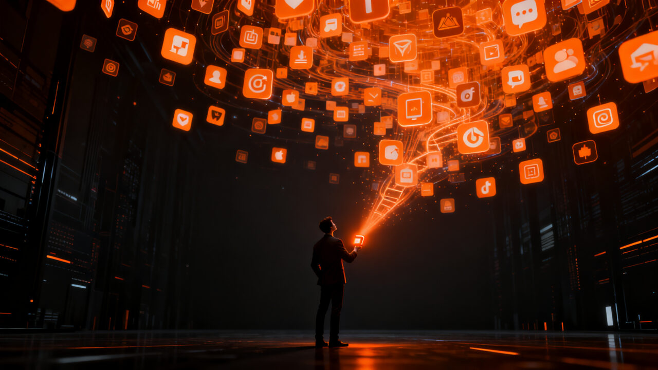 Crecimiento del ecosistema de apps en 2026 con IA, mostrando el reto de la descubribilidad para startups.
