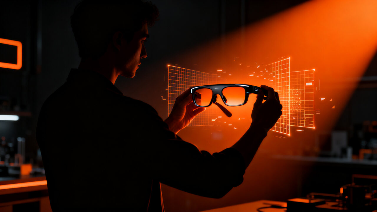Diseño conceptual de gafas inteligentes de alta tecnología en un entorno oscuro y elegante, representando los desafíos de privacidad en wearables.