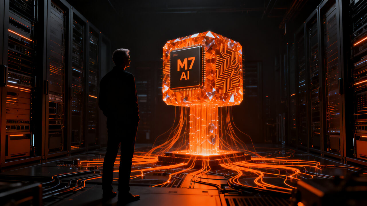 Concepto del nuevo chip Apple M7 enfocado en inteligencia artificial para el ecosistema startup y desarrollo tecnológico.