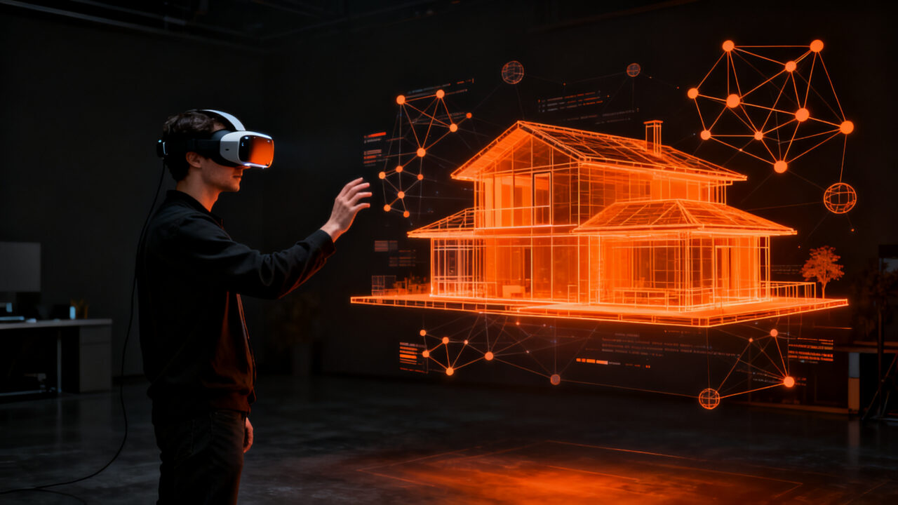 Desarrollador utilizando Apple Vision Pro para realizar prototipado rápido de arquitectura 3D mediante IA, representando el futuro del modelado tech.