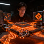 Ingeniero trabajando en hardware custom y FPGA para optimizar rendimiento, destacando la innovación en deeptech.