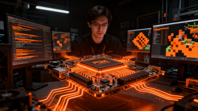 Ingeniero trabajando en hardware custom y FPGA para optimizar rendimiento, destacando la innovación en deeptech.