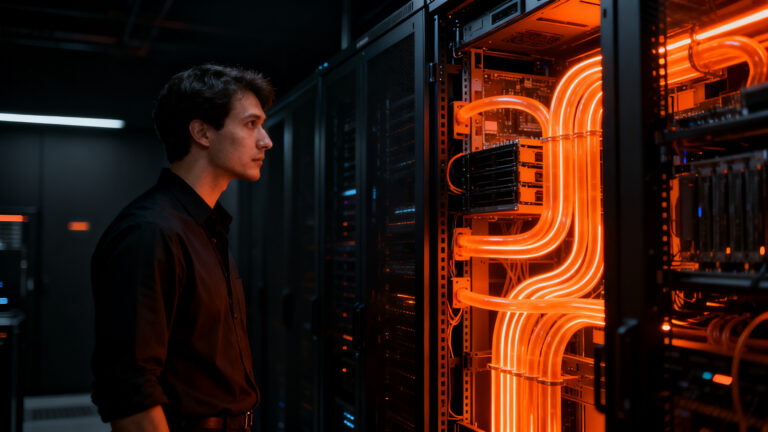 Servidor de IA de alta potencia con 8 GPUs NVIDIA B300 y refrigeración líquida para infraestructura de data center.