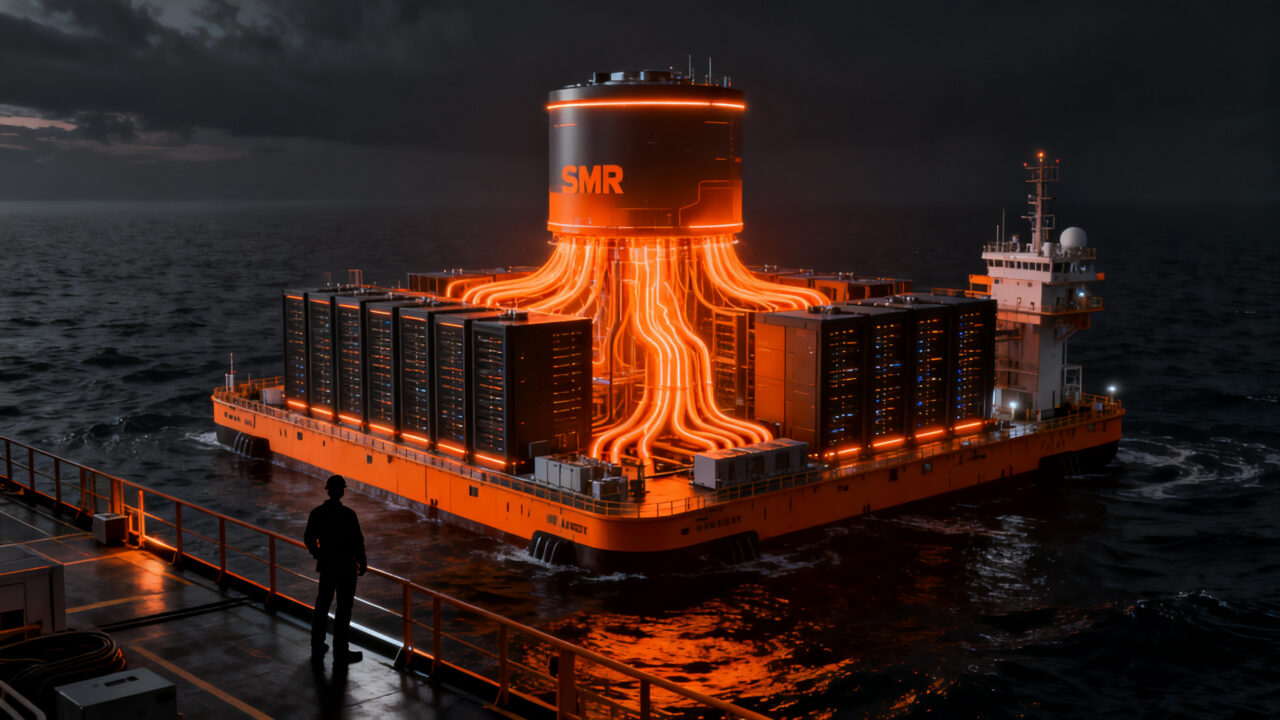 Centro de datos nuclear flotante de Atomarine en el mar, representando la infraestructura de energía para IA del futuro.