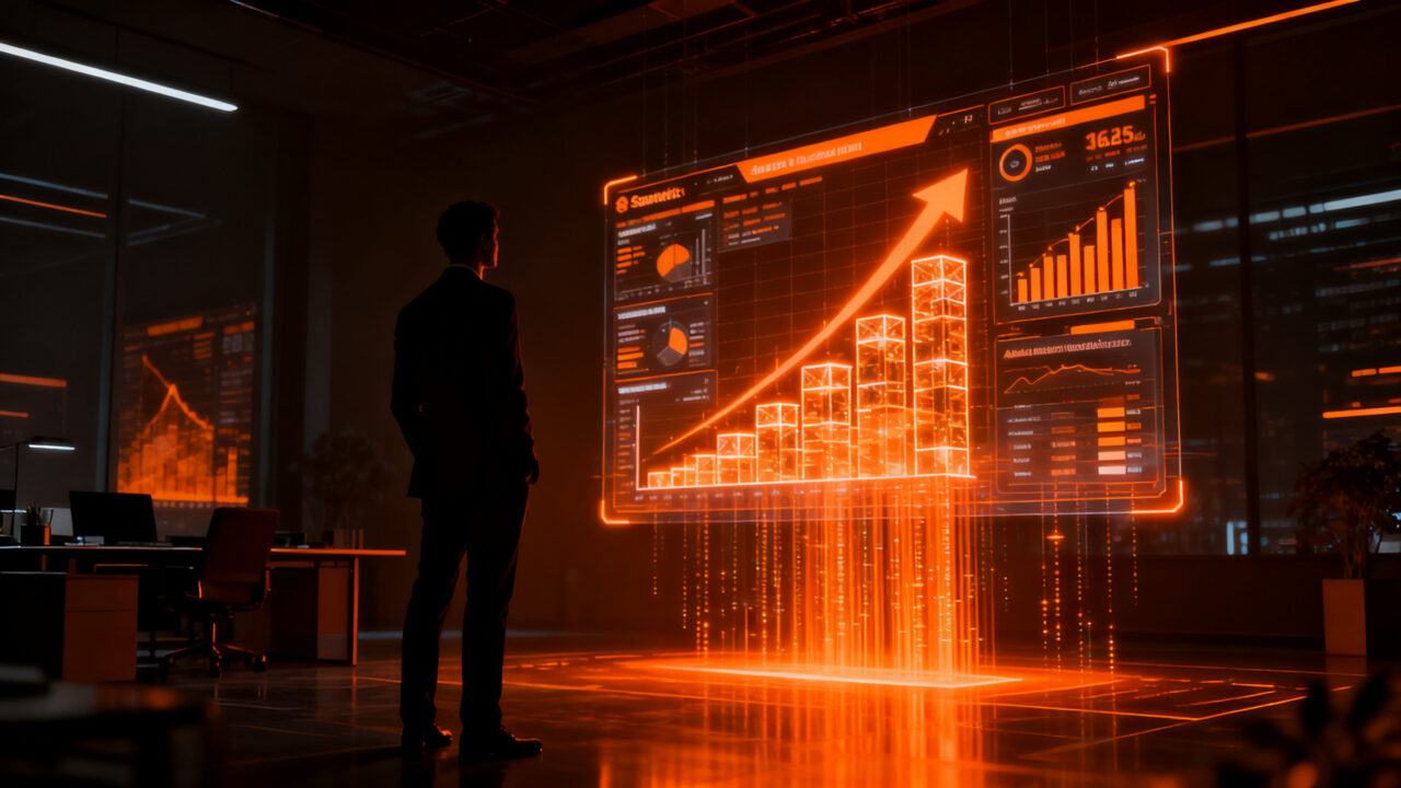 Empresario analizando gráficos de crecimiento financiero digital, representando la automatización y competitividad de las pymes en 2026.