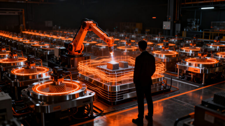 Automatización industrial en fabricación aditiva metálica con estaciones EOS Grenzebach para producción 24/7.
