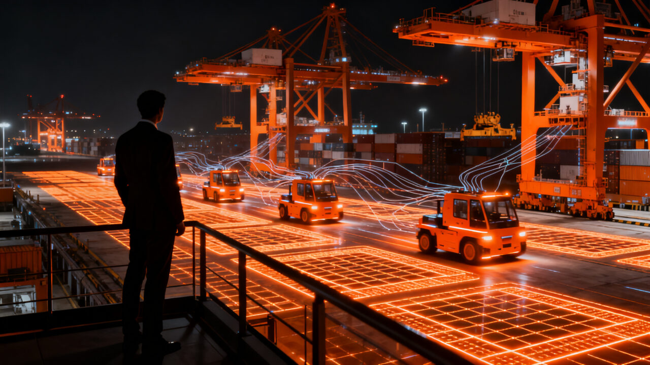 Automatización portuaria en PSA Singapur, representando el futuro de la logística digital y la innovación tecnológica para startups chilenas.
