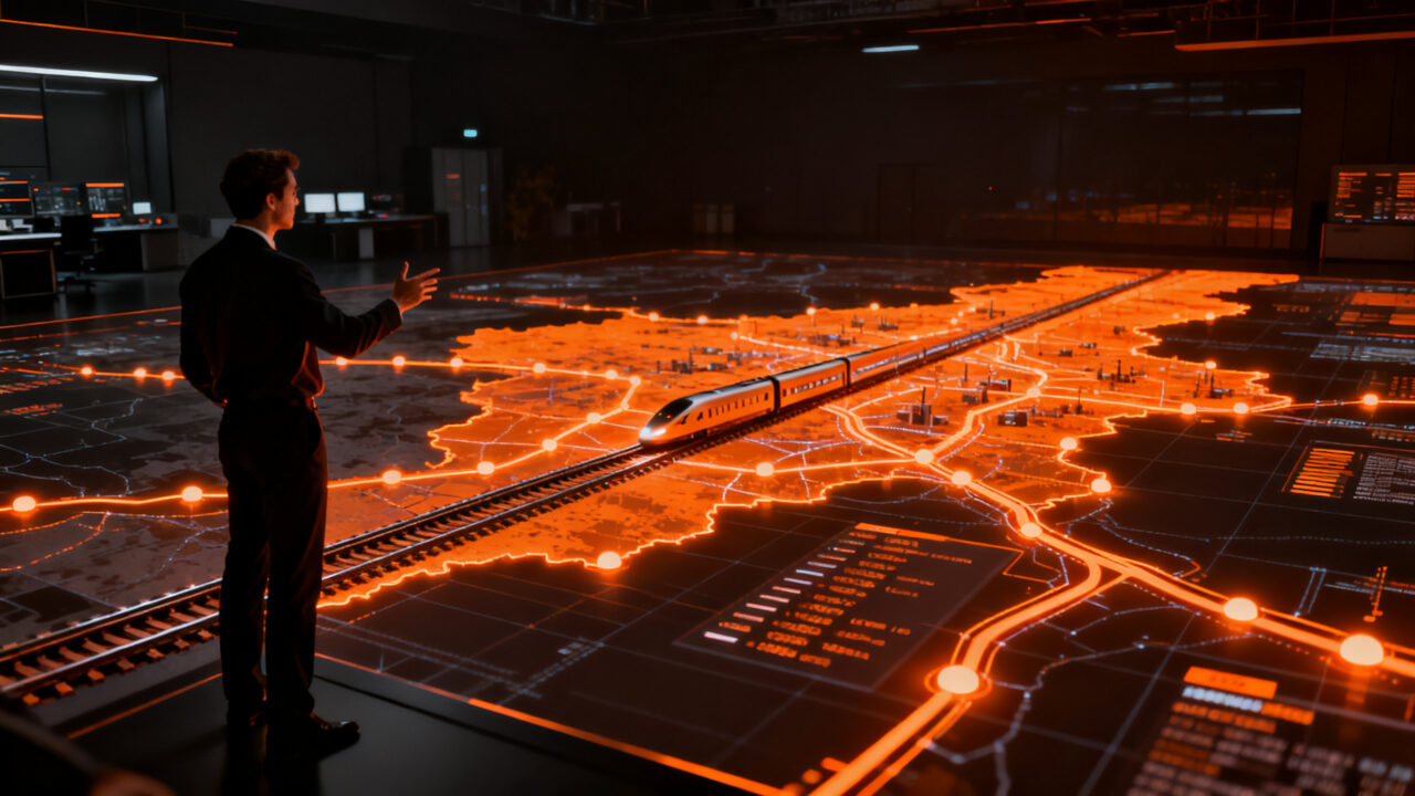 Ingeniero analizando un mapa estratégico de infraestructuras ferroviarias y logística, representando la eficiencia en la inversión y planificación del AVE.