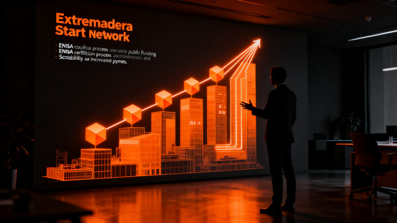 Emprendedor analizando mapa de oportunidades financieras en Extremadura, simbolizando la obtención de ayudas públicas y certificación ENISA para startups.
