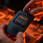 Chip open-source Baochip-1x en Defcon 34, representando hardware de seguridad verificable para startups tecnológicas.