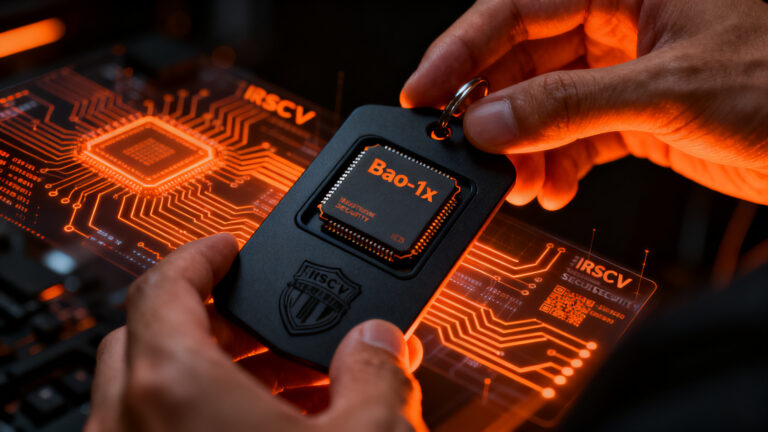 Chip open-source Baochip-1x en Defcon 34, representando hardware de seguridad verificable para startups tecnológicas.