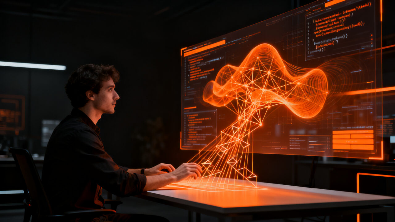 Desarrollador trabajando con el modelo de IA Base1 de Base44 para vibe coding, representando la evolución del desarrollo no-code.