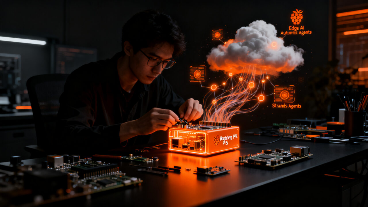 Ingeniero trabajando en prototipo de asistente de voz con Raspberry Pi 5 y tecnología de agentes de IA.