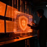 Administrador de sistemas bloqueando instalaciones no deseadas de software en monitores y hardware empresarial, protegiendo la privacidad de la startup.