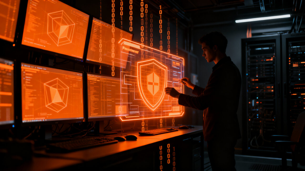 Administrador de sistemas bloqueando instalaciones no deseadas de software en monitores y hardware empresarial, protegiendo la privacidad de la startup.
