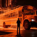 Concepto de vigilancia con IA mediante autobuses escolares, explorando los desafíos éticos y de privacidad en el sector GovTech.