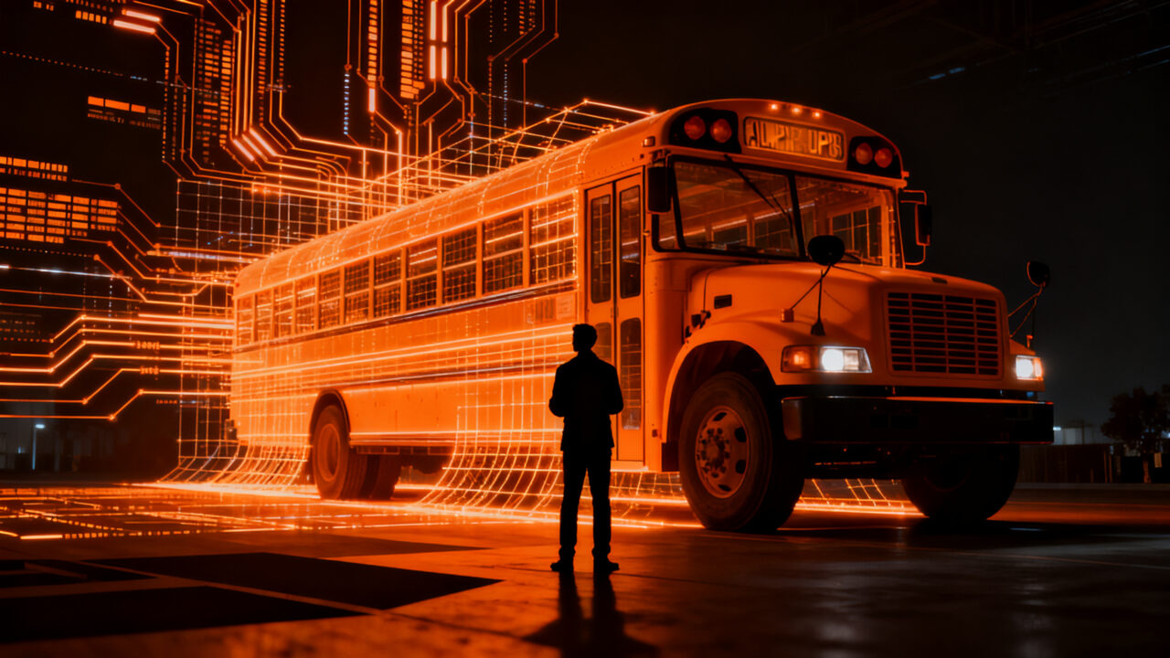 Concepto de vigilancia con IA mediante autobuses escolares, explorando los desafíos éticos y de privacidad en el sector GovTech.