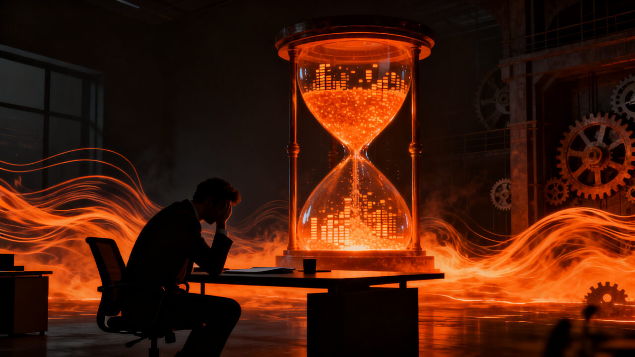 Impacto del cambio climático en la productividad laboral y el sueño de los emprendedores, representando el agotamiento y la urgencia de bienestar laboral.