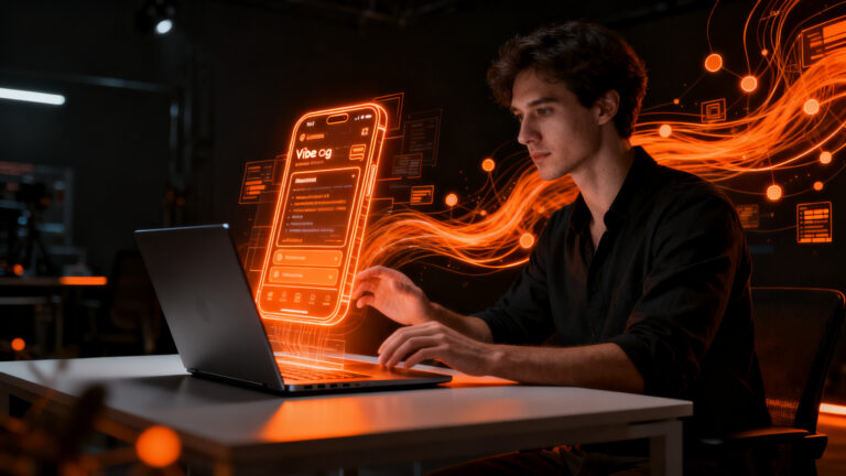 Fundador hispano creando aplicaciones con inteligencia artificial utilizando Canva Code 2.0 y herramientas no-code.