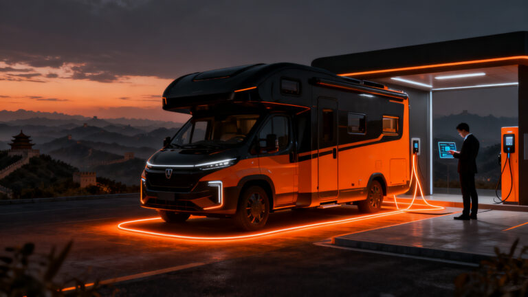 El auge de las caravanas eléctricas en China, representando el mercado de vehículos recreativos de movilidad sostenible y oportunidades para startups.