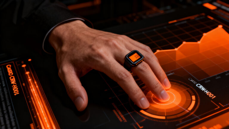 Anillo inteligente Casio CRW-H001 con pantalla LCD, representando la innovación en el mercado de wearables y tecnología personal.