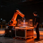 Célula robótica colaborativa en una planta de manufactura flexible, representando la automatización industrial 4.0.