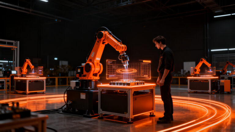 Célula robótica colaborativa en una planta de manufactura flexible, representando la automatización industrial 4.0.
